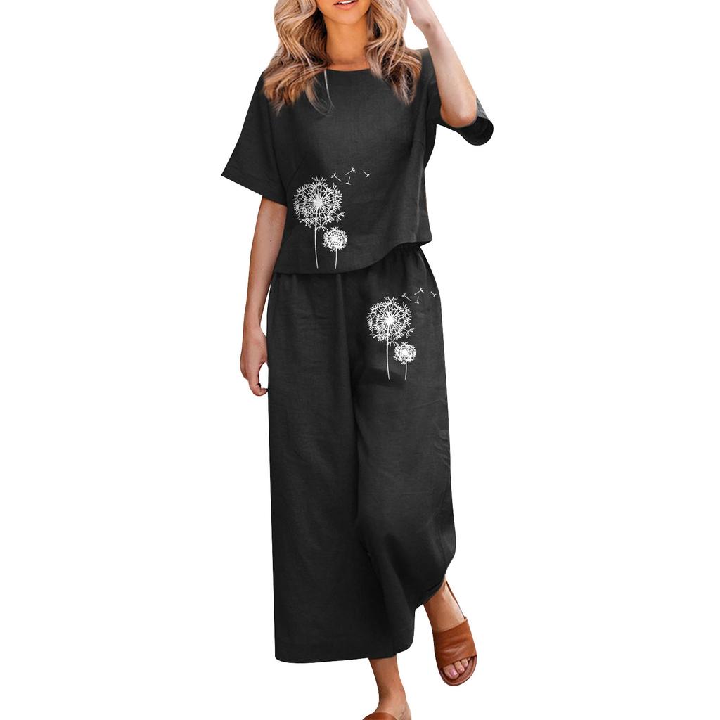 Women's Fashion Casual Printed Short Sleeves Round Neck Tops Pants Suit
