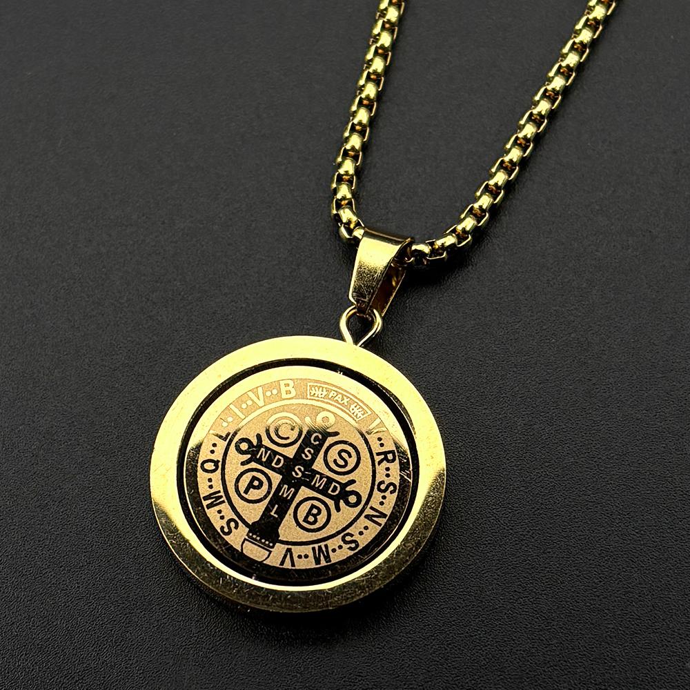 Catholic Rotatable Saint Benedict Cross Pendant Necklace for Women Men Stainless Steel Rhinestones San Benito Box Chain Jewelry