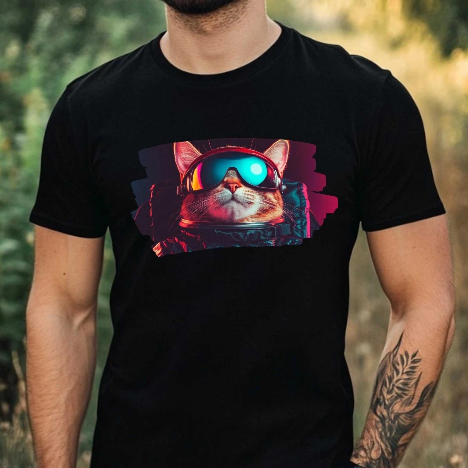 T-Shirt Herren Katze als Astronaut Motiv Baumwolle Größe XS bis 5XL XS