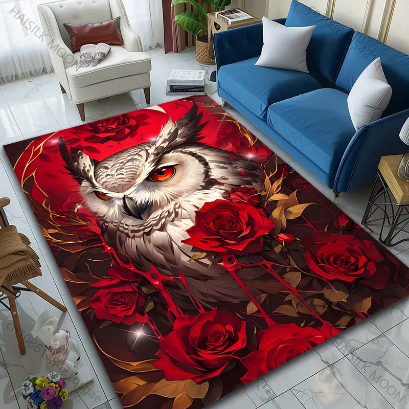 1PC Owl and Red Roses Pattern Rug Carpets for Bedroom Living Room Sofa Mat Creative Door Mat Cloakroom Home Decor