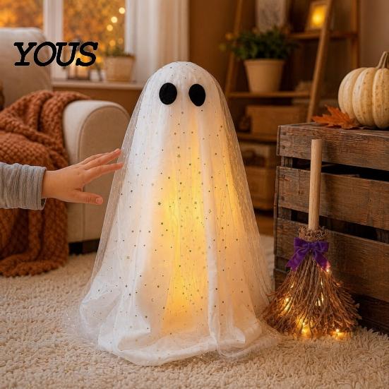 Witch Broomstick with Lights Halloween Ghost Decoration Broom, Spooky Sequins Mesh White Ghost, Cute Photo Prop Adjustable Standing for Party,