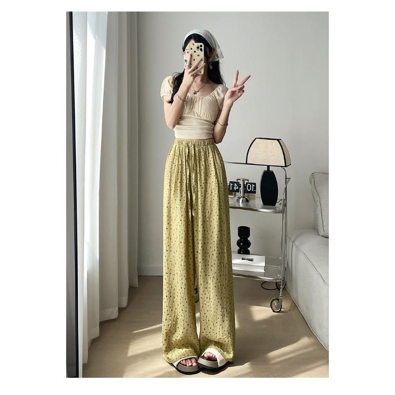 

Цветочные сложенные льняные брюки из хлопка и льна с ледяным шелком, широкие брюки для женщин, летние, с высокой талией, свободные, прямые, для мытья полов 2XL