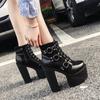 Women's Punk Nightclub High Heeled Boots Super High Heel 15CM Thick Platform Ankle Bootie Buckles Lace Up Women Boots Size35 42