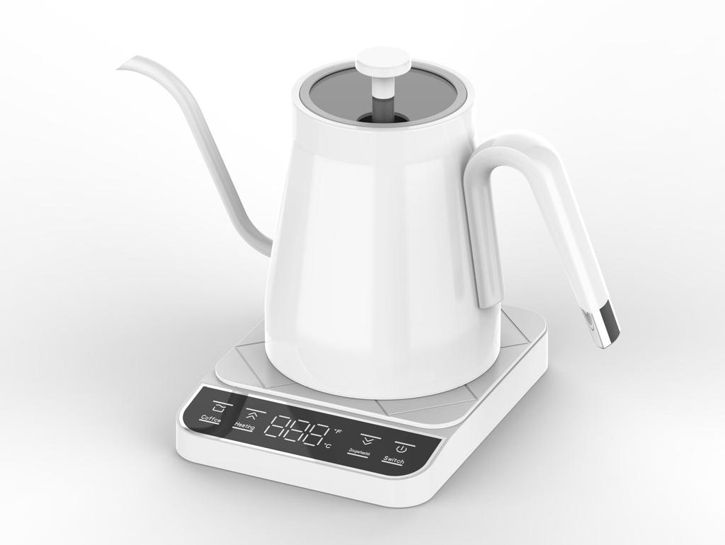 Temperaturkontrollerad vattenkokare i rostfritt stål med svanhals och överhällbar kaffe- och tekokare
