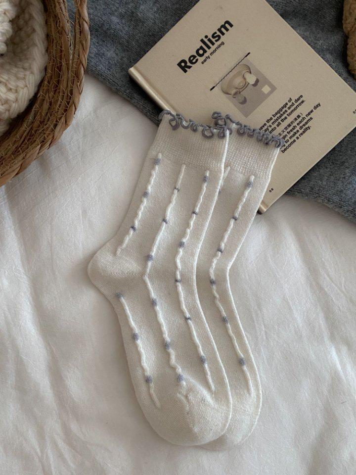 Polka Dot Floral Merino Wool Slouch Socks with Lettuce Edge and Lace