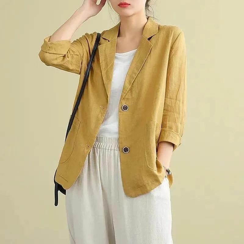 Blazer Outerwear in Cotone e Lino da Donna Coreano Femminile Corto a Manica Lunga Giacca Suit Primavera Autunno Donna Vestibilità Larga Blazer Giacca