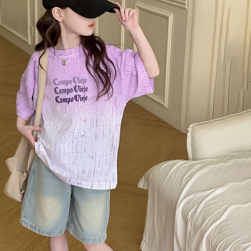 Girls Summer Gradient Short Sleeve T Shirt Trendy Casual Top For Big Kids Class Uniform 100