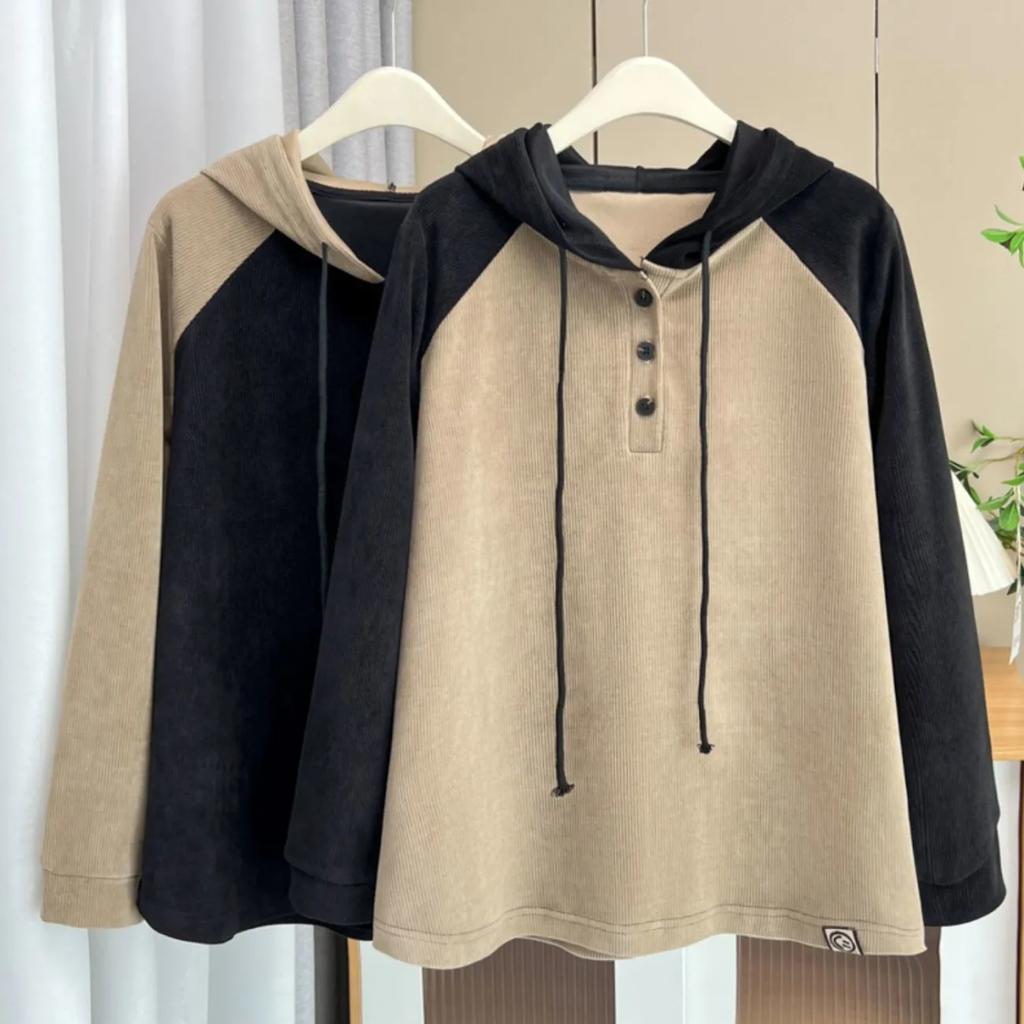 Dámský retro svetr s raglánovými rukávy a kapucí ve větších velikostech, jarní a podzimní spodní vrstva s topem s dlouhým rukávem a bundou