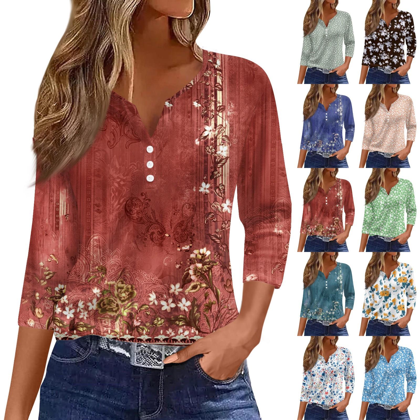 

Ladies Casual Fashion V-neck Loose Versatile Floral Print Three-quarter Sleeve Top L