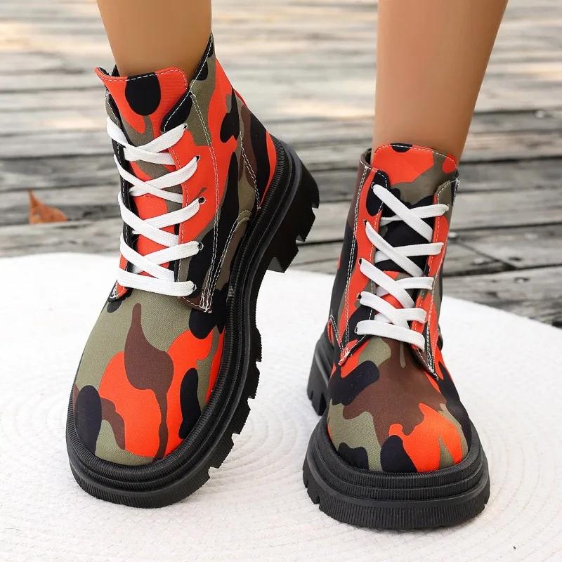 Ethnic Style New Platform Mid Heel Ankle Boot Women Round Toe Printed Lace-up Non-slip Thick Sole Motorcycle Boots Gothic Shoes