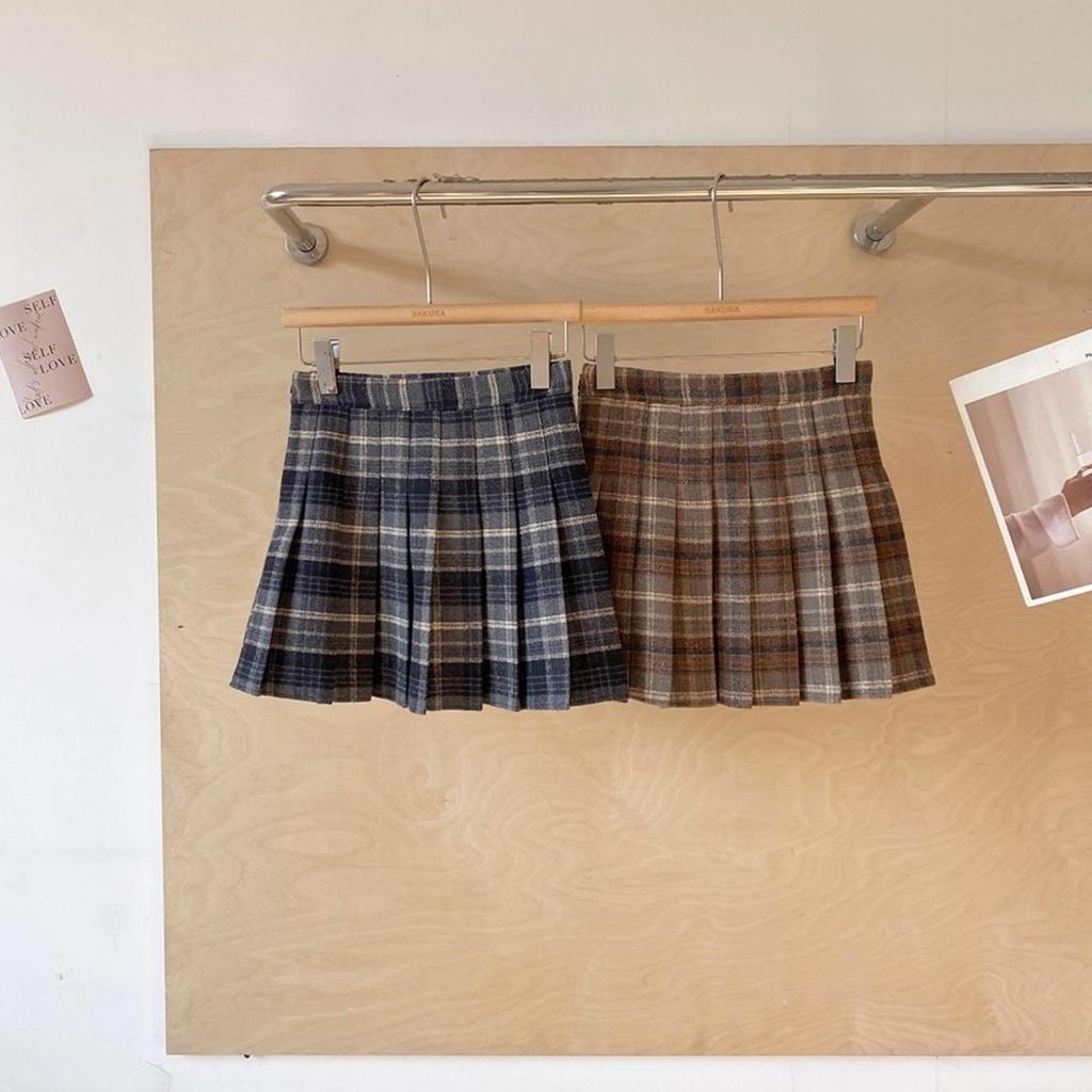 Korean Style Plaid Woolen High Waist A-Line Pleated Skirt for Women, Plus Size, College Fashion