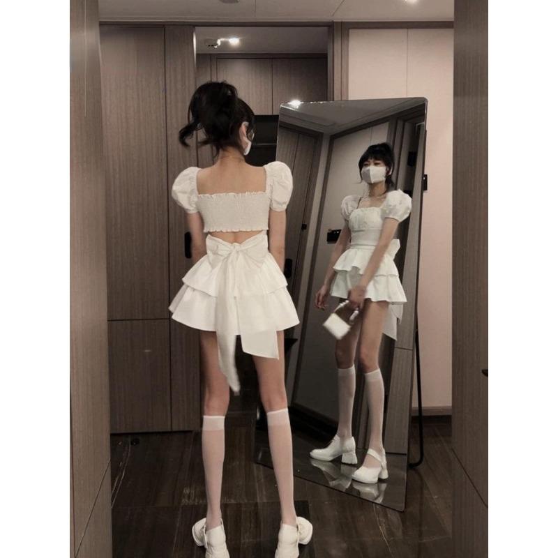 White Sexy Backless Mini Dress Women Korean Fashion Casual Elegant Party Dress Female Ruffle Kawaii Lolita Party Y2k Dress