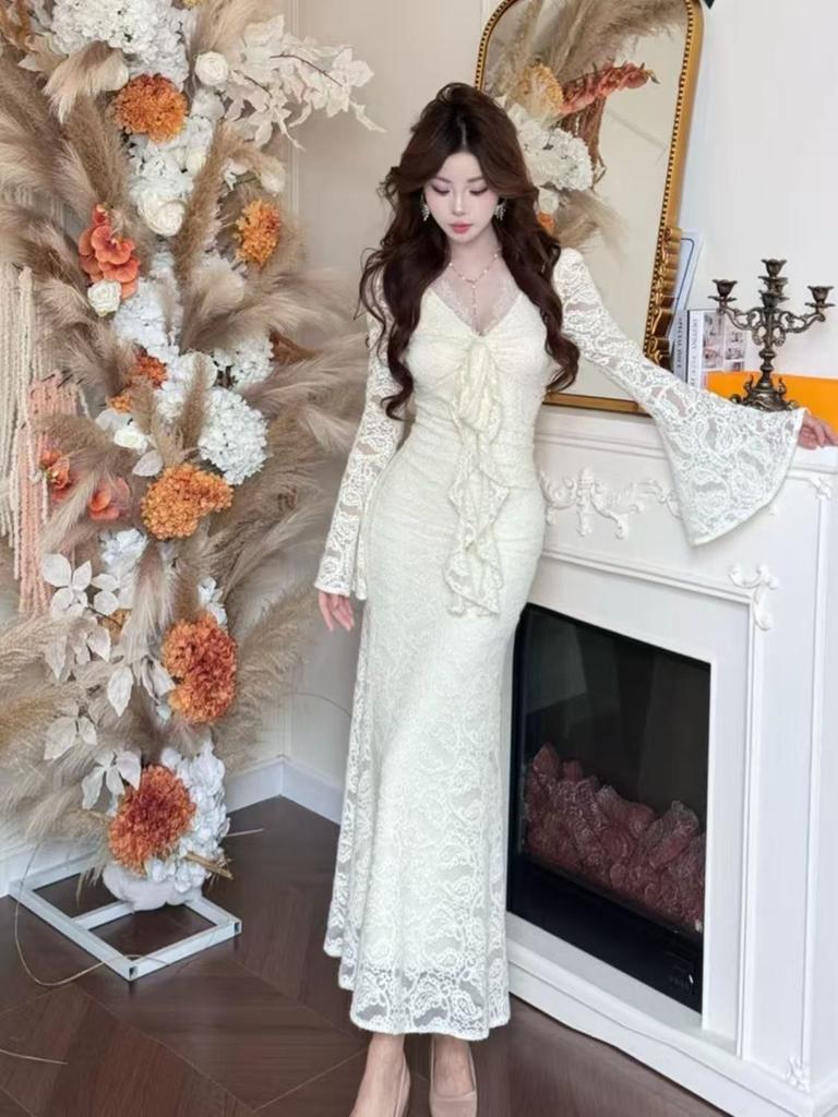 Purple V-neck Lace Dress for Women's Autumn and Winter Tight Figure Long Dress, Socialite Style Sexy Hip Wrap Fishtail Dress