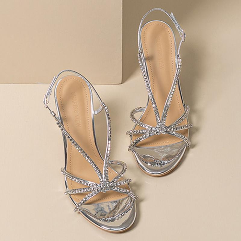 Fashion Luxury Rhinestone Narrow Strap Designer Heeled Sandals Women Summer Sexy Open Toe Silver High Heels Elegant Party Wedding Shoes