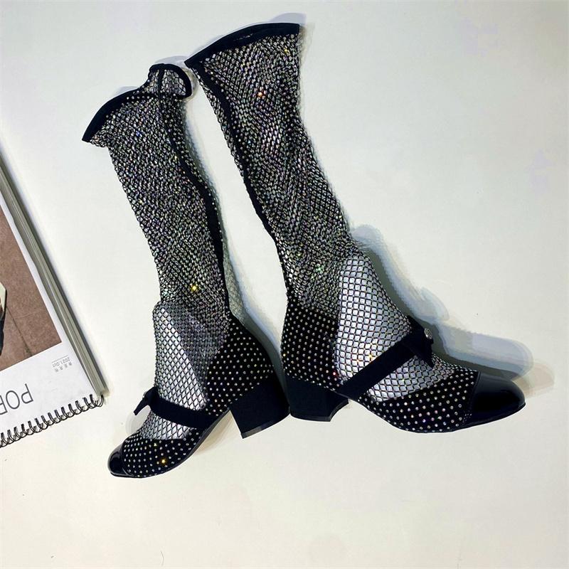 Fashion Spring Summer 2025new Rhinestone Bowkno Sexy Mesh Boots High Heels Small Fragrance Style Sandals Europe America Big Size 45 46
