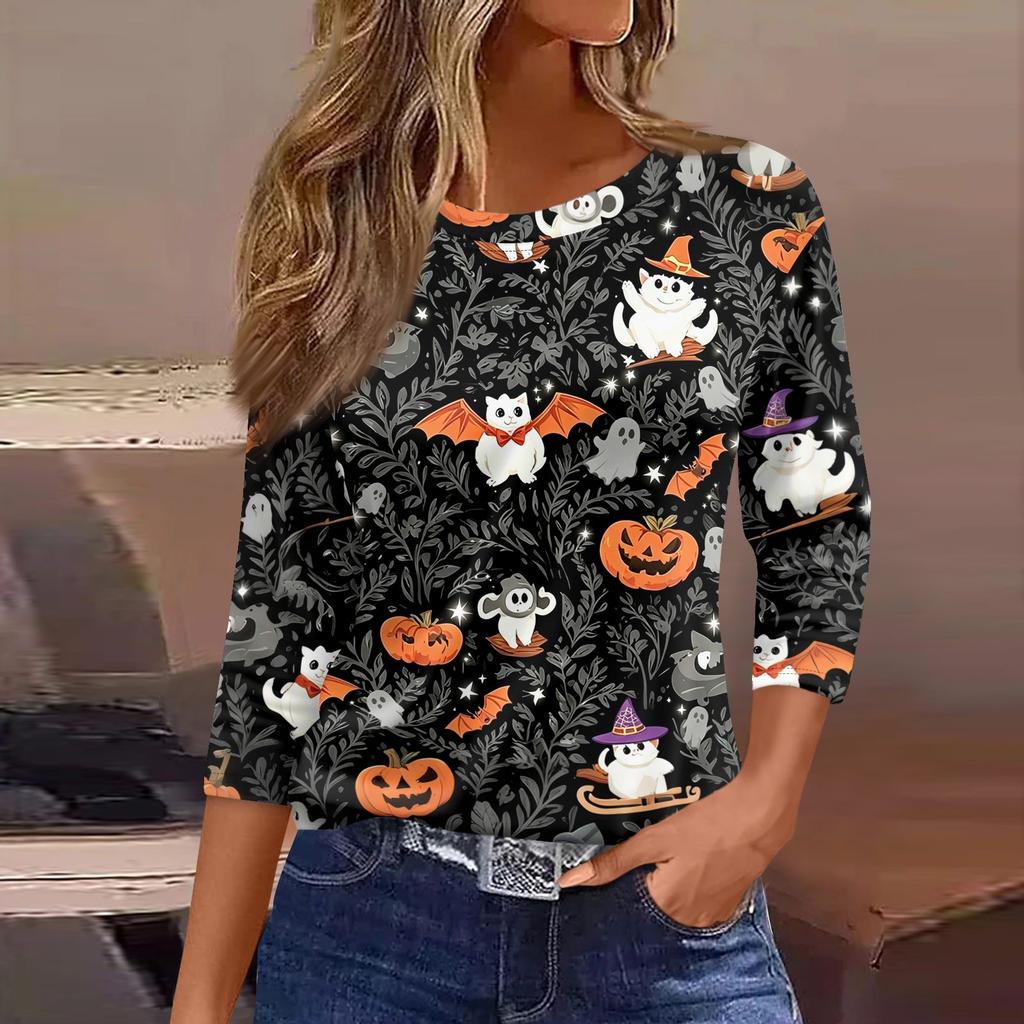 Women's Halloween Print 3/4 Sleeve Loose Fit Casual T-Shirt Round Neck Comfortable Top for Everyday Wear