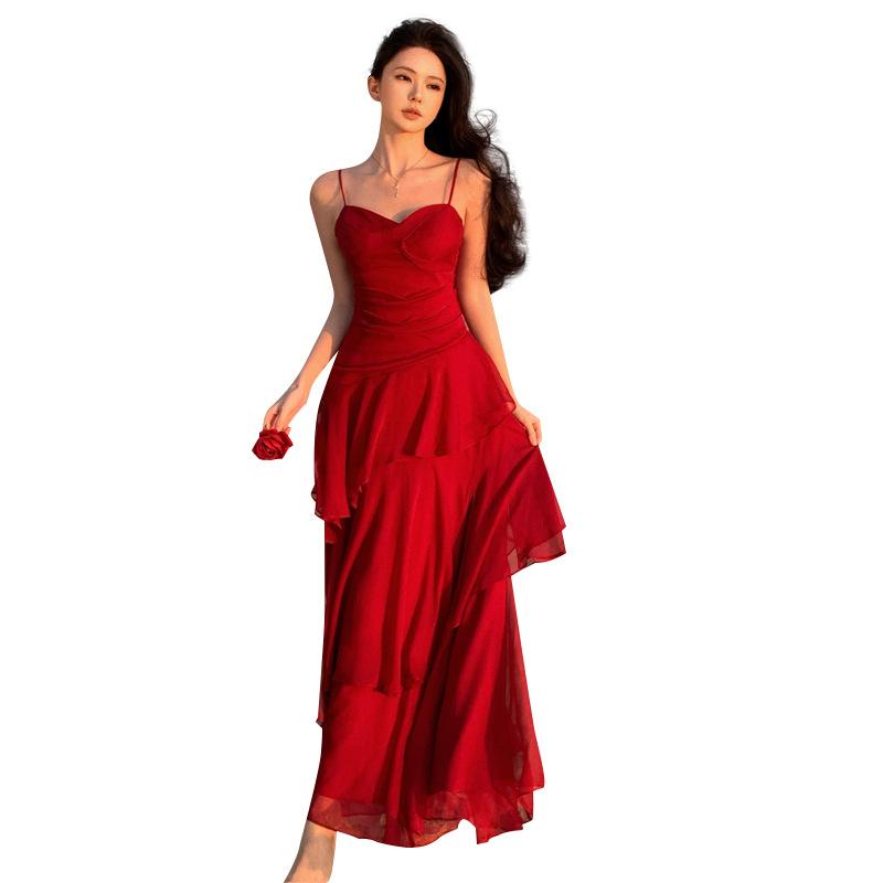 French Red Dress Sanya Island Vacation Wear Beach Dress Ruffle Tube Top Suspender Skirt Summer
