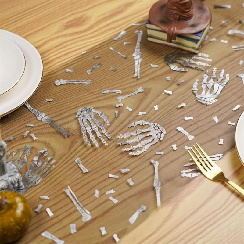 Halloween Skeleton Print Table Runner Shimmering Decoration Wrinkle Resistant Mesh Tablecloth for Dinner Party Setups