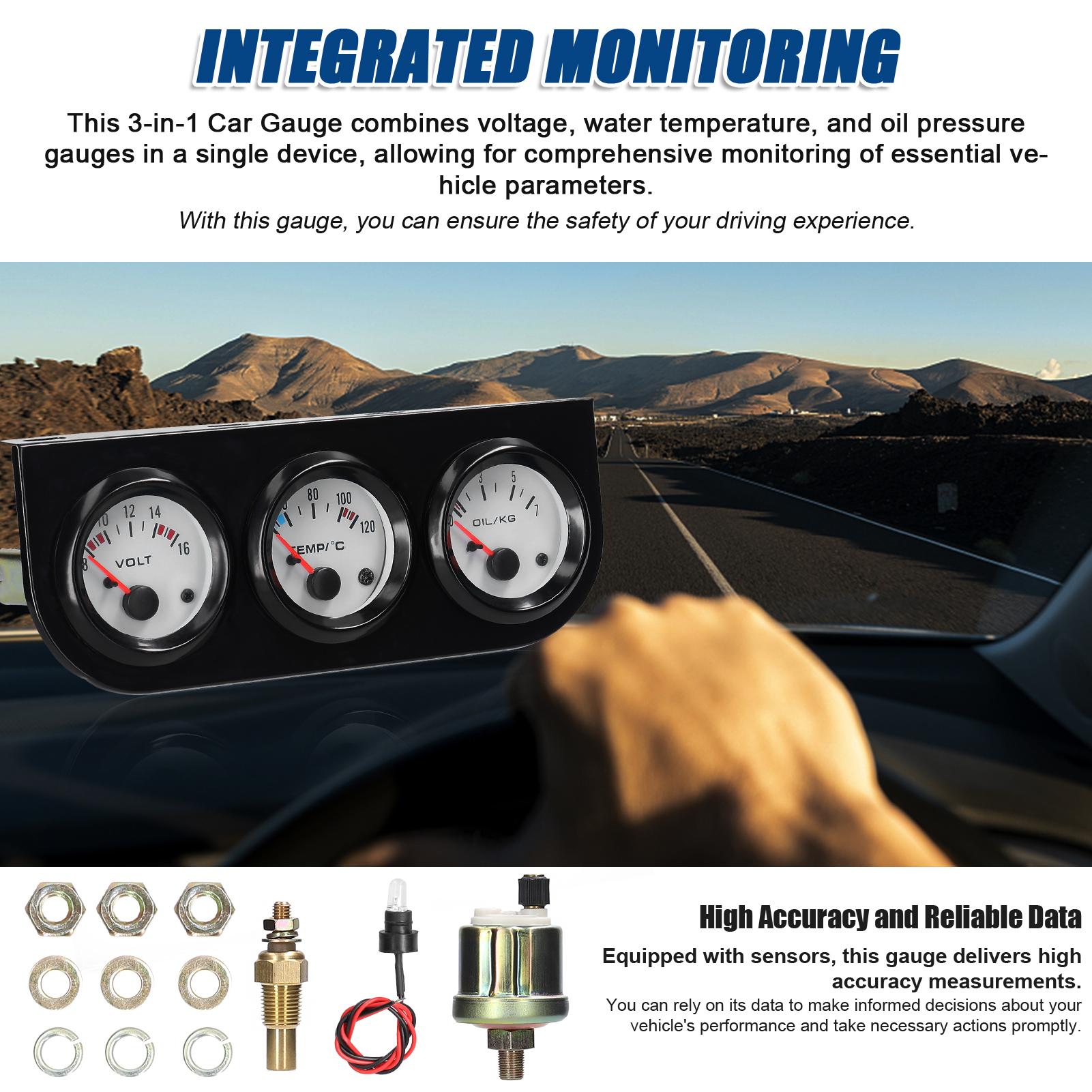 

3 in 1 Multifunctional Car Meter Auto Gauge Kit 52mm Voltage Water Temperature Oil Pressure Meter Voltmeter with Sensor чёрный