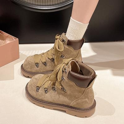 Autumn Frosted British Style Retro Round Head Thick Heel High-top Martin Boots Women's Boots Thick-soled Versatile Front Lace-up Small Short Boots