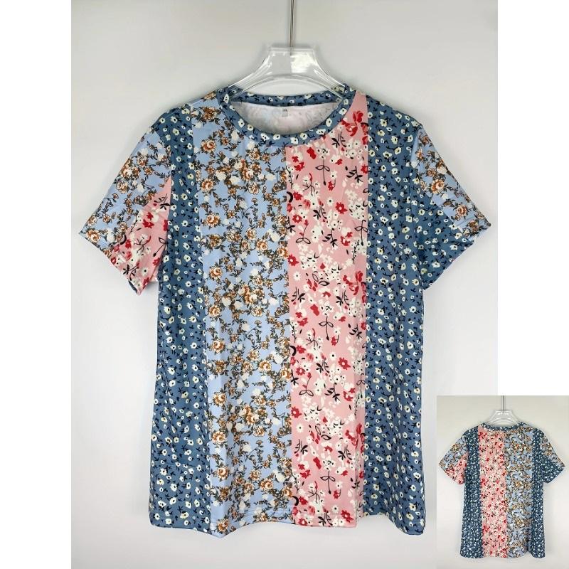 

Summer Round Neck 3D Ditsy Floral Print T-shirts Bohemian style Fashionable Casual Short Sleeved Women s T-shirts XS