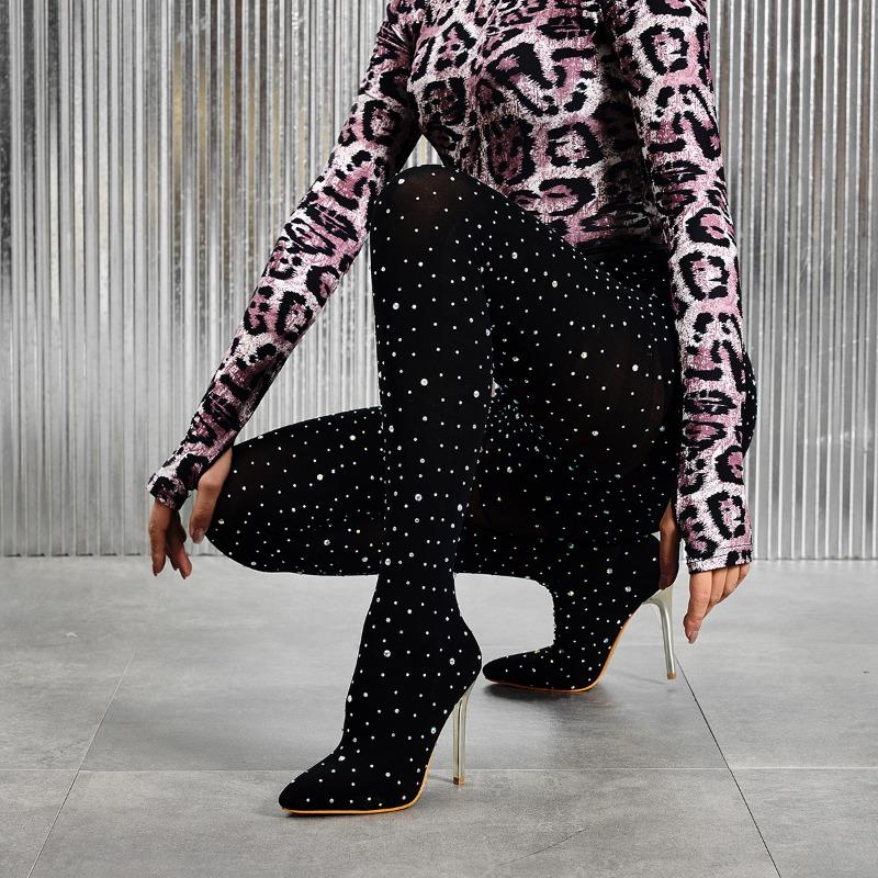 Fashion Pants and Boots Water Diamond High Heels Elastic Pointed Women's Shoes Thigh High Boots Women Shoes Plus Size35-45