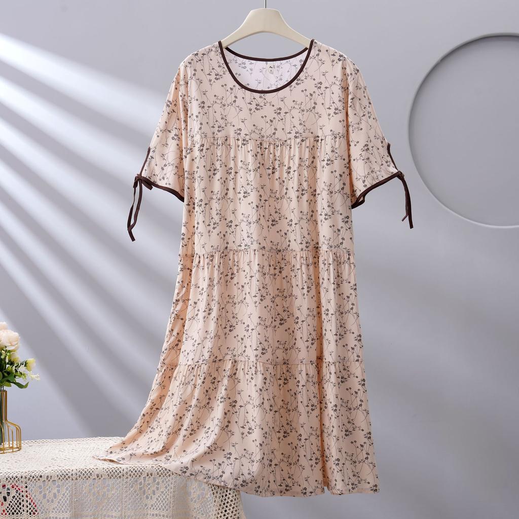 Spot new women's cotton silk spring, summer and autumn thin loose cake nightgown simple and comfortable loungewear