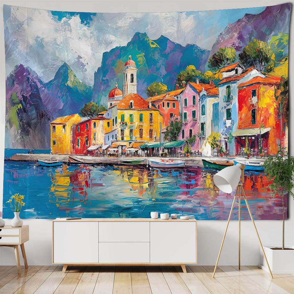 Sea View Oil Painting Printed Tapestry Wall Hanging Living Room Bedroom Wall Decoration Outdoor Picnic Bed Sheets Beach Mats