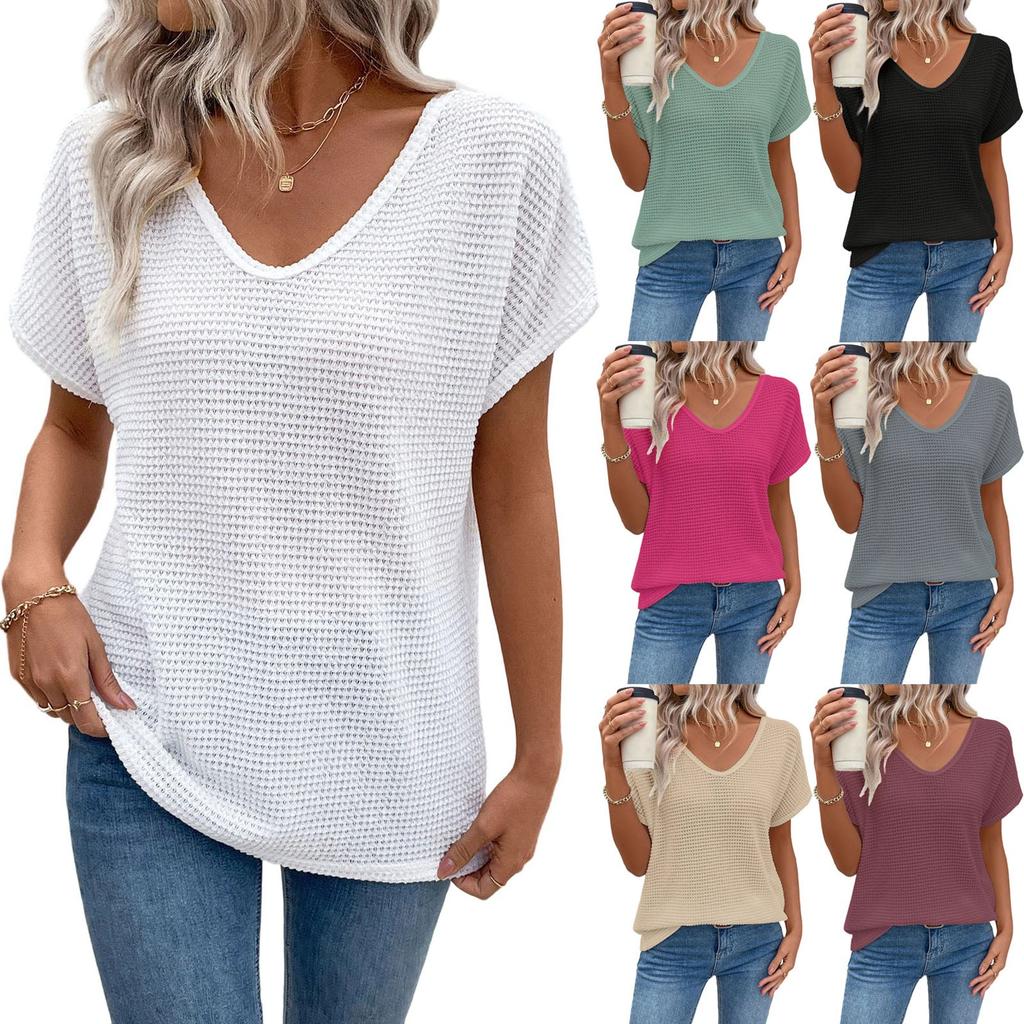 Women's Hollow Out Tops Short Sleeves Neck Shirt Fashion Eyelet Casual Beach Summer T-Shirt