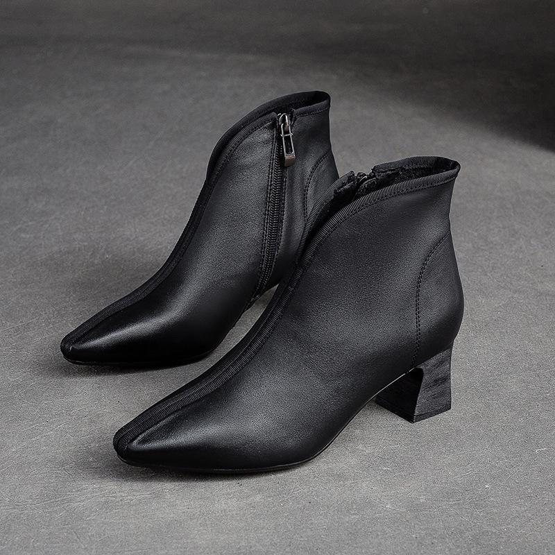 Johnature High Heel Pointed Toe Women Boots Vintage Genuine Leather Versatile Temperament Lady Shoes