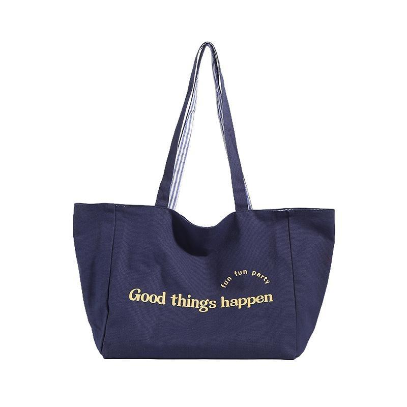 Large-capacity Tote Bag Striped Single-shoulder Bag Lettered College Student Canvas Bag Women's Commuting Bag