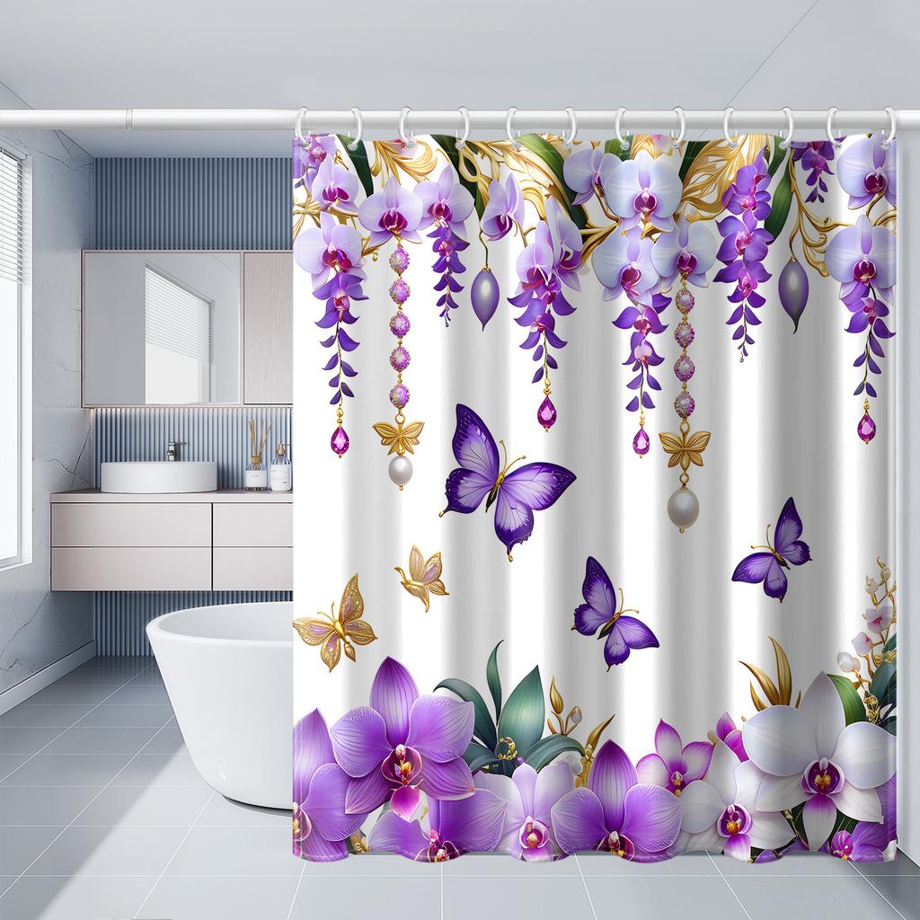 Lila Blumen Schmetterling Muster 1 Stück Polyester Duschvorhang, Einfacher Stil Fenster und Wand Badewanne Badezimmer Heimdekoration