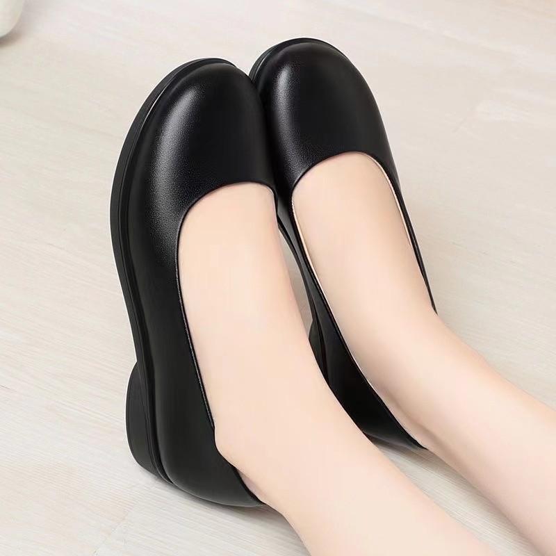 Non-slip flight attendant work shoes women's black leather shoes flat bottom round head long standing not tired soft sole work professional si