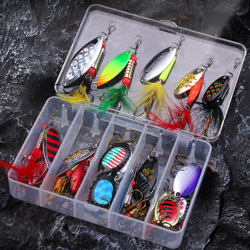 20 buc momeli spinner din metal dur momeli pentru pescuitul la somon la bas pastrav cu cutie de accesorii, kit de momeli de pescuit cu coada de cocos cu pene