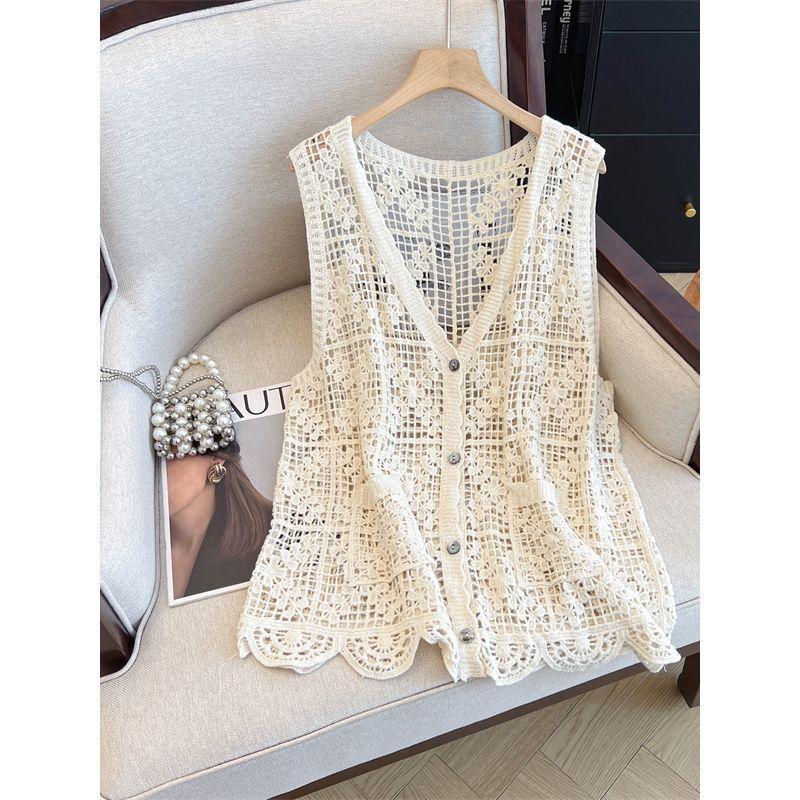 K-style Plus Size Women's Clothing Spring/Summer V-neck Single Breasted Knitting Cut Out Crocheted Vest Casual Outdoor Vest Waistcoat Fashion