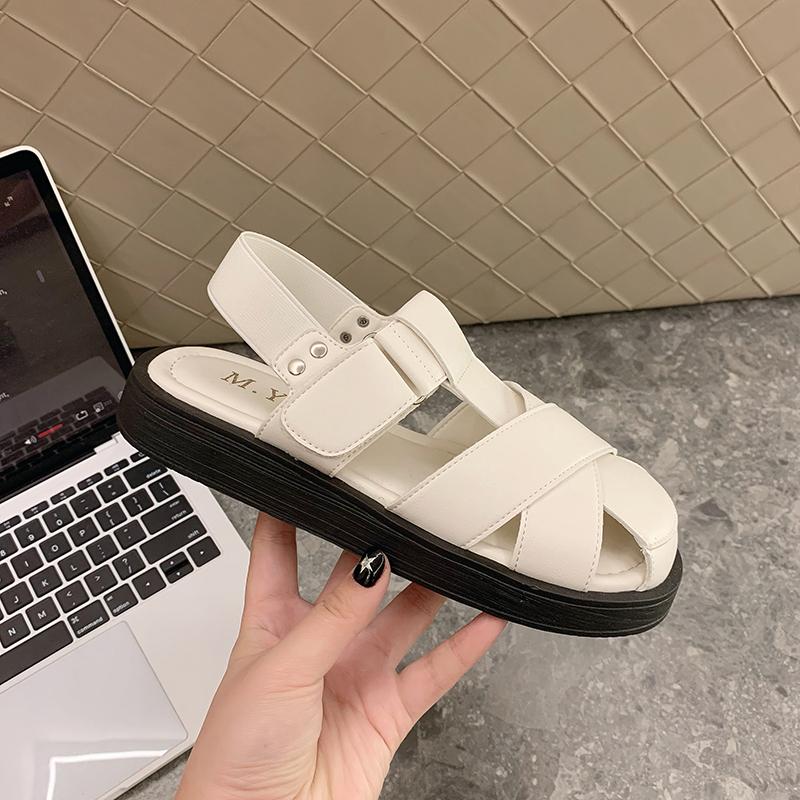 Women's Leather Muffin Sandals, Gladiator Shoes, Slip-on Toe, Thick Sole, New Collection for Summer 2025