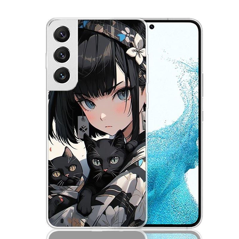 Anime Girls Cute Black Cat Phone Case For Samsung Galaxy S26 Ultra S23 S24 S25 Edge S20 FE S21 S22 Plus Soft Print Shell Cover F
