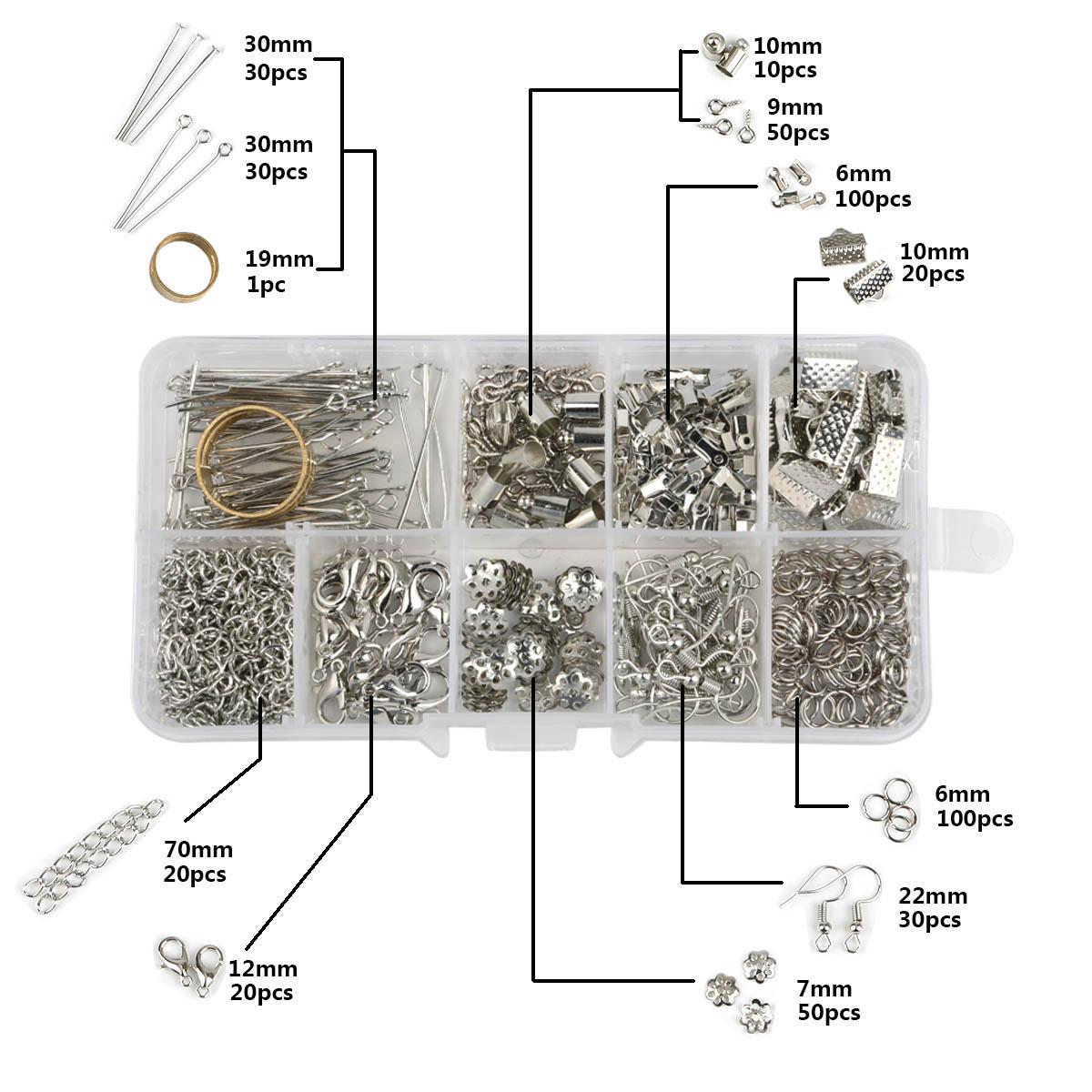 

1 коробка, аксессуары из сплава, комплект ювелирных изделий, кольца для прыжков, застежка-лобстер, удлиненная цепочка, пряжка, ушной крючок, Т-образный булавка для изготовления ювелирных изделий своими руками
