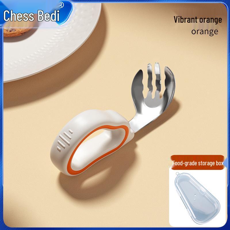 Infant Training Silicone Spoon & Fork Set - Stainless Steel, Short Handle, Bent Head for Learning To Eat