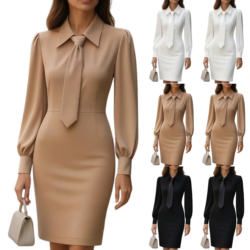 Women's Fashionable Elegant Solid-Colour Waist-Defining Belted Long-Sleeved Dress