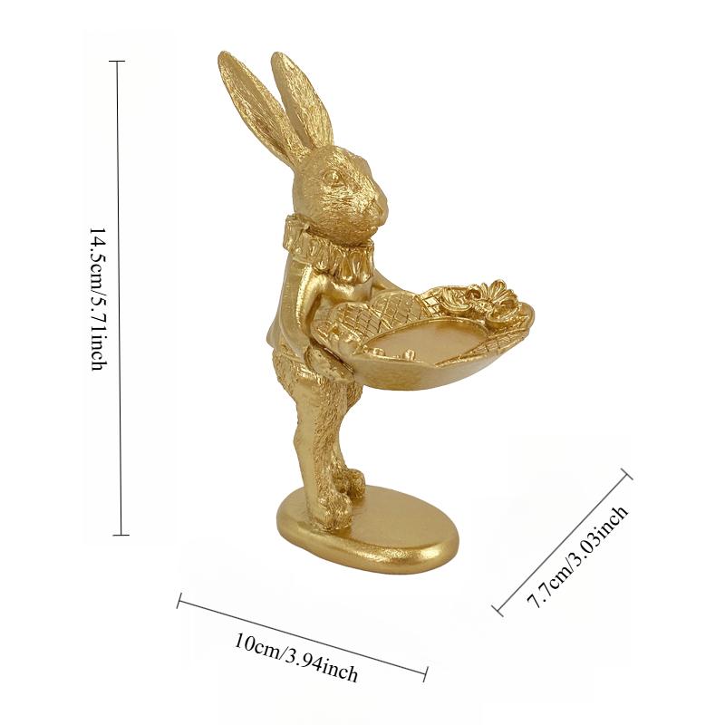 Cute Golden Bunny Figurine Luxury Jewelry Ring Tray Home Desktop Decoration Easter Rabbit Statue Resin Crafts Dresser Ornaments