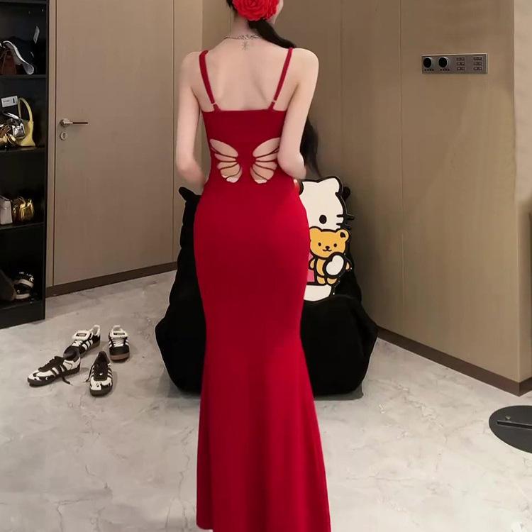 [Shoulder strap adjustable] Butterfly back hollowed out pure desire sexy suspender hip dress women's summer fishtail dress