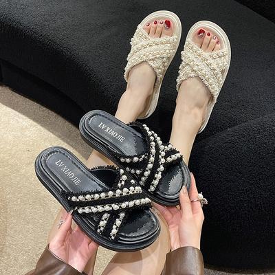 Hausschuhe Damen Sommerbekleidung 2025 Xiaoxiangfeng neu beliebt Strand dicker Boden Kreuz Ein-Wort-Schlepp Temperament Mode Sandalen