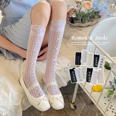 Hollow Bow Mid-calf Spring and Summer Thin Lolita Lace Solid Color Pile Socks Ballet Cute Little Legs