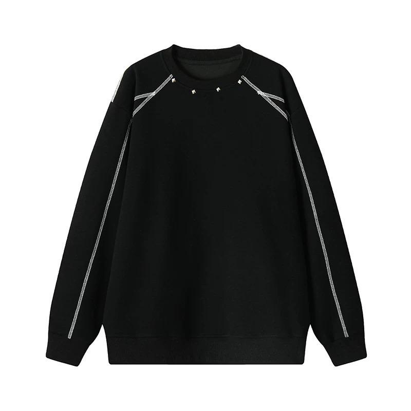 Men's 400g Rivet Round Neck Hoodie: Autumn Loose-Fit Trendy Couple Style Pullover.