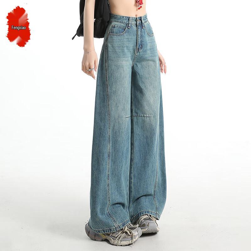 

Women s Retro Blue High-Waist Loose Straight Leg Jeans M