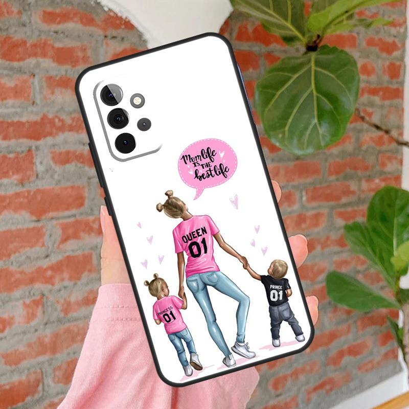 Black Brown Hair Baby Mom Girl Queen Phone Case For Samsung Galaxy A54 A34 A14 A55 A35 A25 A15 A52 A32 A12 A51 A71 A13 A33 A53