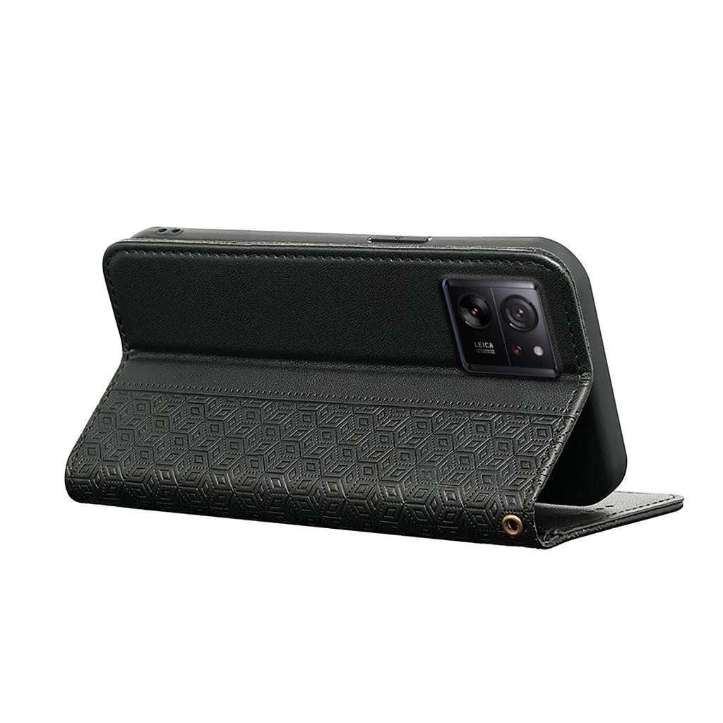 For Xiaomi 14T Wallet Phone Case Strong Magnetic Checkered Pattern Imprint Leather Flip Cover