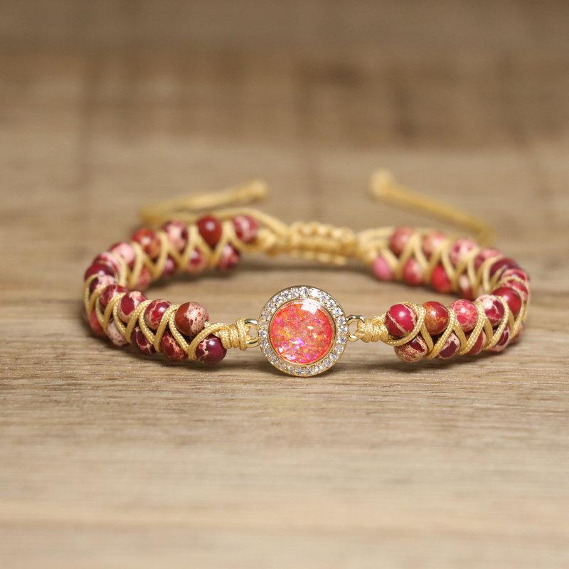 Red Impression Jasper Braided Bracelet – Opal & Crystal Accent Boho Jewelry, Passion Vitality Gift for Women