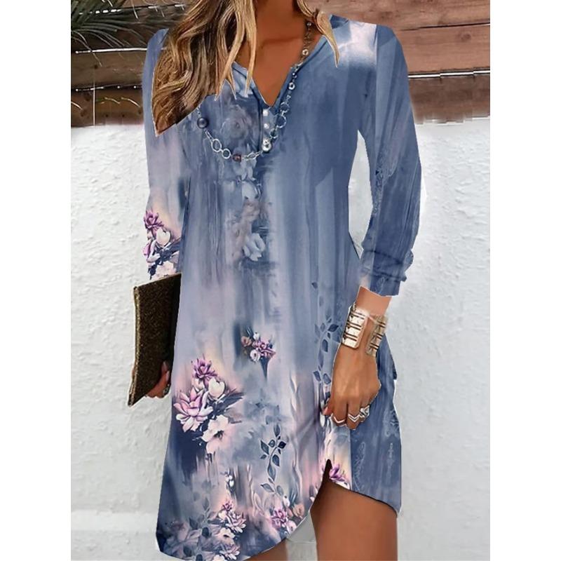 QICED Fashion Autumn Winter Long Sleeve V-Neck Casual Dresses